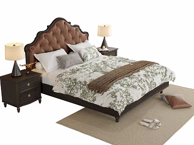 Double Bed with Tufted Brown Headboard Green Floral Bedspread Dark Nightstands and Light Rug 3d model