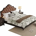 Double Bed with Tufted Brown Headboard Green Floral Bedspread Dark Nightstands and Light Rug