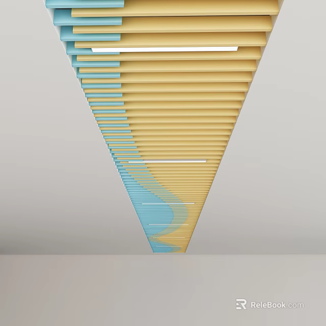 Creative Modern Ceiling Design With Yellow Blue Stripes Curved Lines And Lighting 3d model 