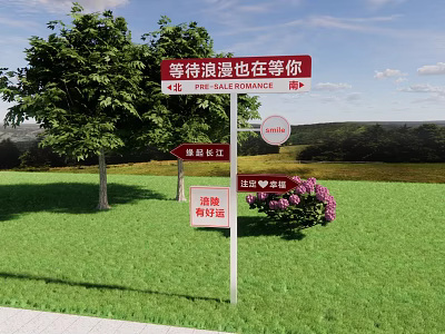 Scenic Area Guide Sign With Romantic Line And Cycling Station Surrounded By Grass Tree And Flowers 3d model