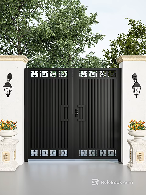 Black Entry Gate with White Columns Wall Lanterns Lattice Design Top and Orange Flower Planters 3d model 