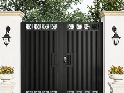 Black Entry Gate with White Columns Wall Lanterns Lattice Design Top and Orange Flower Planters 3d model