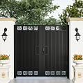 Black Entry Gate with White Columns Wall Lanterns Lattice Design Top and Orange Flower Planters