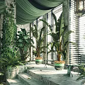 Potted Tropical Plants Decorating Stone Steps With Green Curtains And Window Blinds