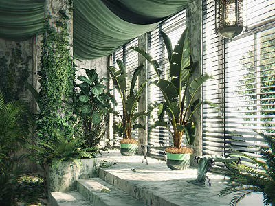 Potted Tropical Plants Decorating Stone Steps With Green Curtains And Window Blinds 3d model