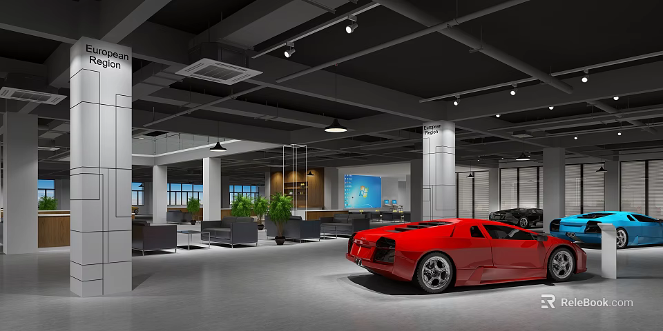 Red Sports Car In Modern Showroom Interior With Stylish Lighting And Open Space 3d model 