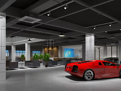 Red Sports Car In Modern Showroom Interior With Stylish Lighting And Open Space 3d model