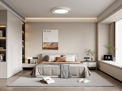 Modern Minimalist Bedroom Interior With Bed Nightstands Poster Area Rug Large Window And Potted Plants 3d model