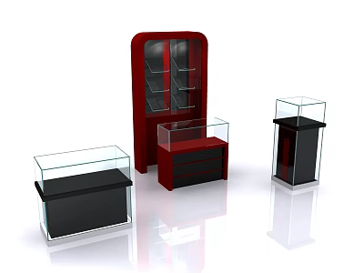 Retail Mall Counter Featuring Red Cabinet Drawers Glass Display Cases And Black Base 3d model