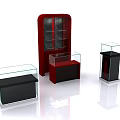 Retail Mall Counter Featuring Red Cabinet Drawers Glass Display Cases And Black Base
