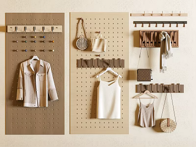 Wall Mounted Clothes Hangers with Hooks and Pegboard for Jackets Vests Bags and Scarves 3d model