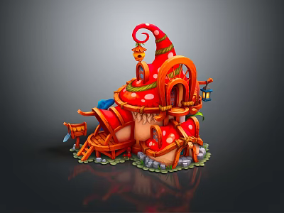 Fairy Tale Mushroom Building with Vibrant Red Roof Small Windows Wooden Door and Decorative Lanterns 3d model