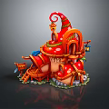 Fairy Tale Mushroom Building with Vibrant Red Roof Small Windows Wooden Door and Decorative Lanterns