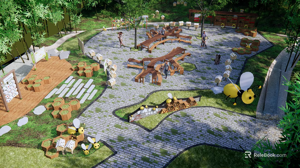 Park Landscape With Bamboo Fences Wooden Benches Stone Paths Green Plants And Small Bee Decorations 3d model 