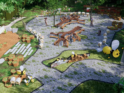 Park Landscape With Bamboo Fences Wooden Benches Stone Paths Green Plants And Small Bee Decorations 3d model