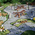 Park Landscape With Bamboo Fences Wooden Benches Stone Paths Green Plants And Small Bee Decorations