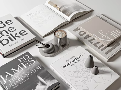 Stylish Modern Books And Magazines Collection With Open Book Coffee Cup And Decorative Cones 3d model
