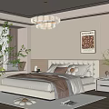 Cozy Bedroom Interior With Upholstered Headboard Chandelier Decorative Painting And Green Plants