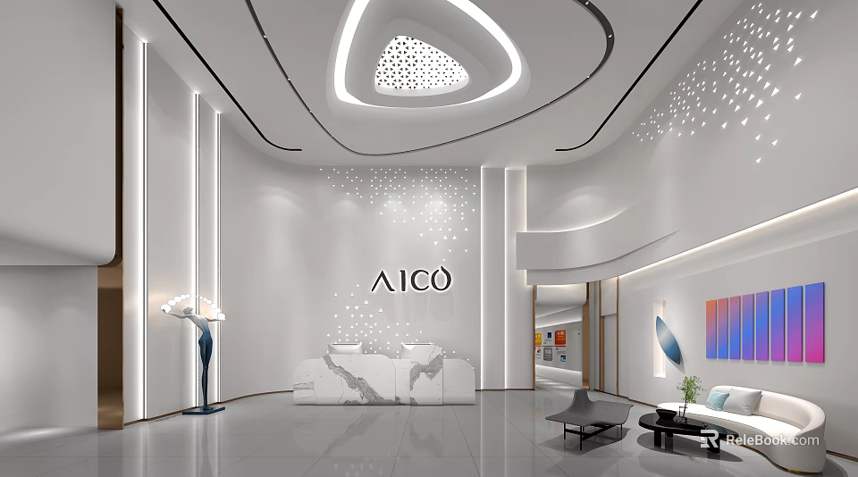 Modern Front Desk Reception Interior Design With Marble Counter And Ceiling Lighting 3d model 