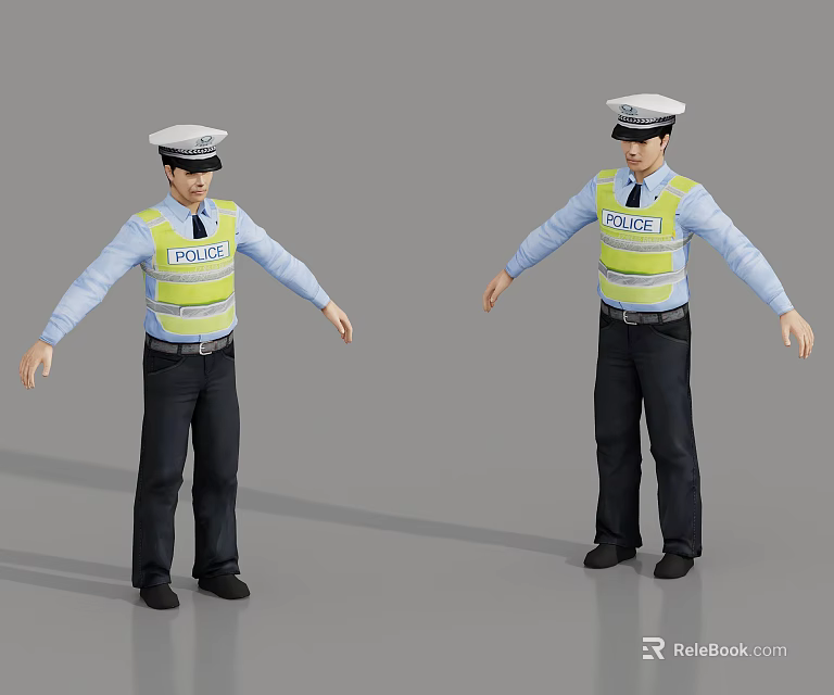 Two Police Officers In Uniform With Reflective Vests Caps And Outstretched Arms 3d model 
