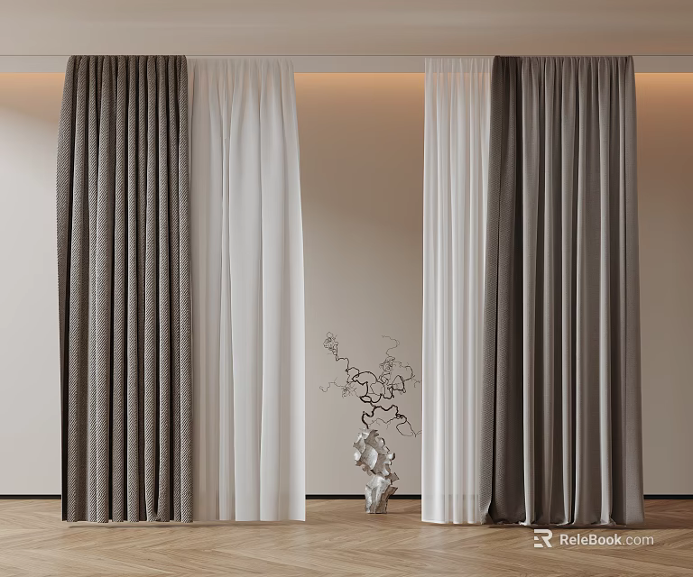 Dark and White Layered Curtains in Modern Interior With Wooden Floor And Decorative Branch Ornament 3d model 