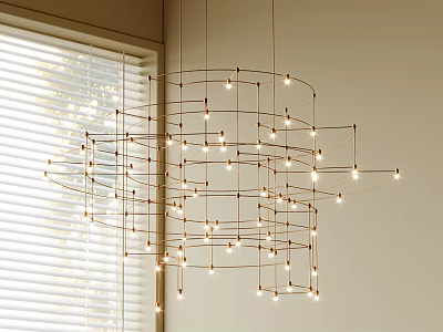 Modern Geometric Metal Frame Chandelier With Multiple Small Lights In Living Room Interior 3d model