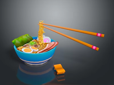Delicious Ramen Bowl With Noodles Egg Vegetables In Blue Bowl And Chopsticks 3d model