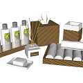 Stylish Bathroom Accessories With Wicker Holders Soap Bottles Rolled Towels And Fragrance Sticks