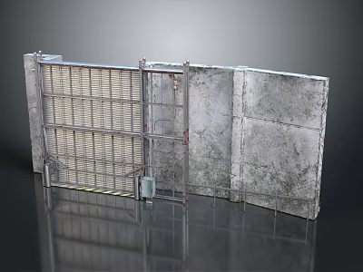Industrial Metal Grid Gate Design With Concrete Wall And Rustic Metal Frame Details 3d model