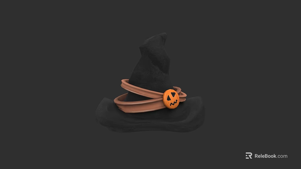 Black Wizard Hat With Brown Ribbon And Smiling Pumpkin Decoration 3d model