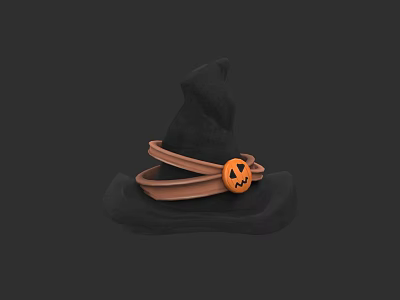 Black Wizard Hat With Brown Ribbon And Smiling Pumpkin Decoration 3d model