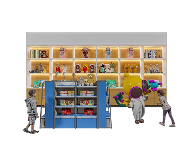 Toy Store Display Shelves with Stuffed Toys Books and Illuminated Lighting for Kids Browsing Products 3d model