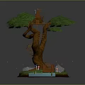 Whimsical Treehouse On Large Tree With Wooden Stairs Pond Mushrooms And Little Figures