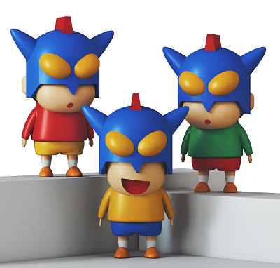 Cartoon Dolls With Blue Helmets Yellow Eyes Red Horns Colored Clothes On White Platform 3d model