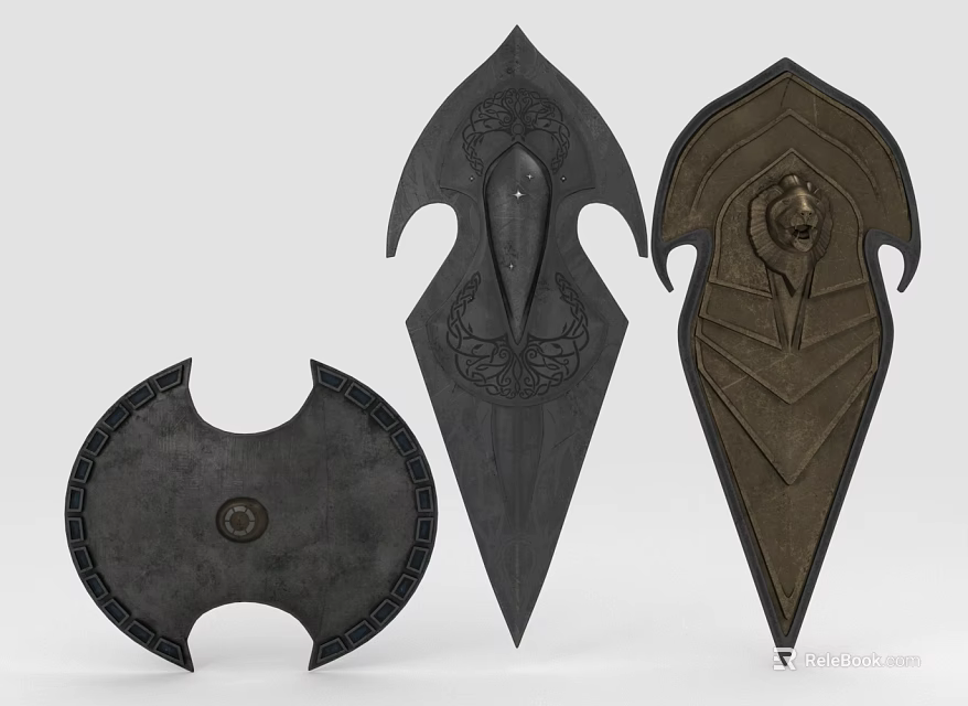 Decorative Shield Sculptures With Intricate Carving And Unique Design Patterns 3d model