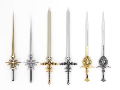 Collection Of Decorative Swords With Various Hilt Designs And Colored Blades 3d model