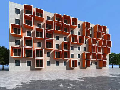 Modern Residential Building Exterior With Cube Shaped Orange Balconies And White Walls 3d model
