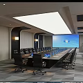 Modern Conference Room Interior With Long Meeting Table Black Office Chairs And Large Projection Screen