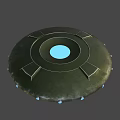 Disc Shaped Metallic UFO With Green Top Lights And Blue Base Lights
