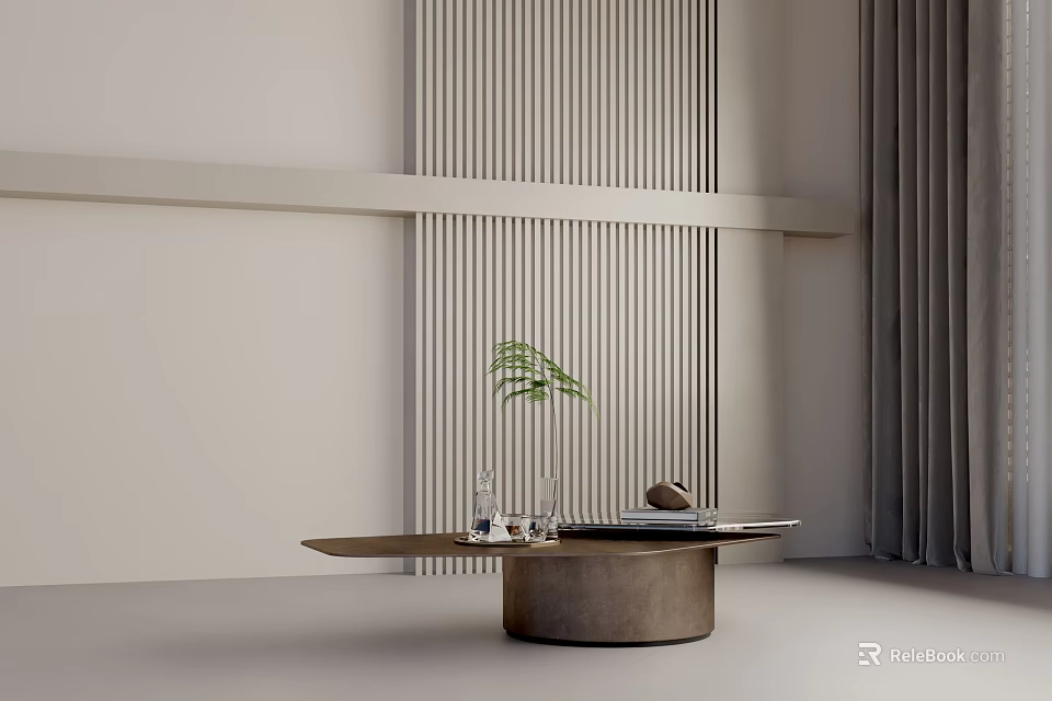 Modern Minimalist Living Room Round Wooden Coffee Table With Green Plant Books And Decorations 3d model 