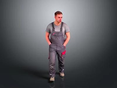 Male Worker In Gray Overalls With Red Pockets Standing On Gray Background 3d model