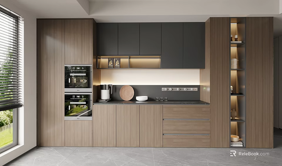 Modern Kitchen Sideboard Setup With Built-in Appliances Countertop Storage Open Shelves And Ambient Lighting 3d model 