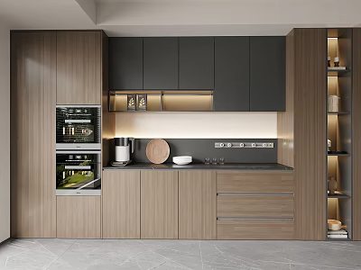 Modern Kitchen Sideboard Setup With Built-in Appliances Countertop Storage Open Shelves And Ambient Lighting 3d model