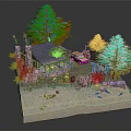 Cartoon Forest Scene Featuring Log Cabin Blue Roof Orange Trees Car Grass And Stones