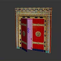 Open Traditional Red Door With Intricate Colorful Patterns And Gold Embellishments