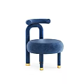Elegant Blue Velvet Single Seater Sofa With Round Seat Curved Armrest And Gold Legs