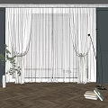 Elegant White Lightweight Curtains with Green Plant and Floor Lamp in Room with Dark Walls and Wooden Floor