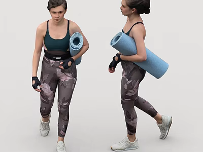 Women Carrying Blue Yoga Mat In Camouflage Leggings And Green Tank Top 3d model