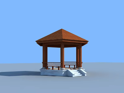 Gazebo With Brown Roof Pillars Bench And White Base On Blue Sky Background 3d model