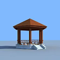 Gazebo With Brown Roof Pillars Bench And White Base On Blue Sky Background